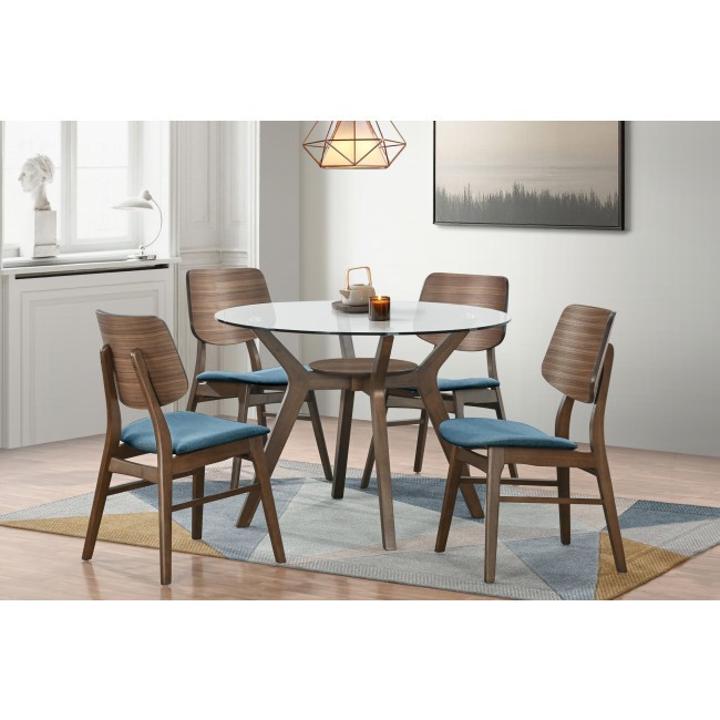 Oscar Walnut Round Glass Top Dining Room Set w/ Teal Chairs