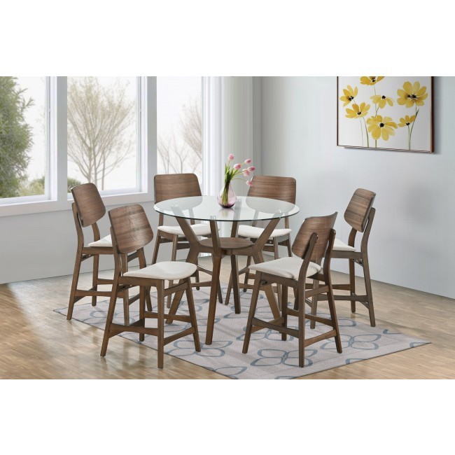 Oscar Walnut Round Glass Top Counter Height Dining Set w/ Natural Chairs