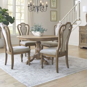 Magnolia Manor Pedestal Dining Set w/ Upholstered Chairs (Weathered Bisque)
