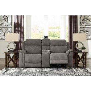 Next-Gen DuraPella Slate Power Reclining Console Loveseat w/ Adjustable Headrests