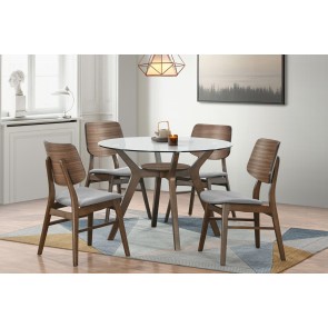 Oscar Walnut Round Glass Top Dining Room Set w/ Gray Chairs