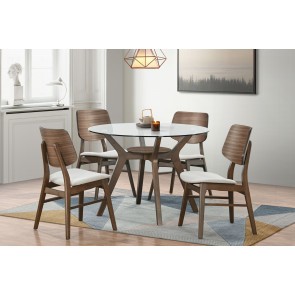 Oscar Walnut Round Glass Top Dining Room Set w/ Natural Chairs
