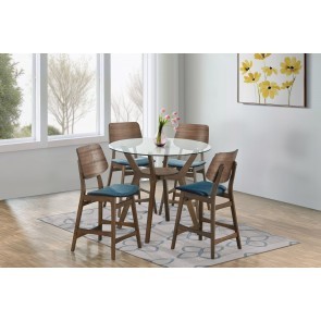Oscar Walnut Round Glass Top Counter Height Dining Set w/ Teal Chairs