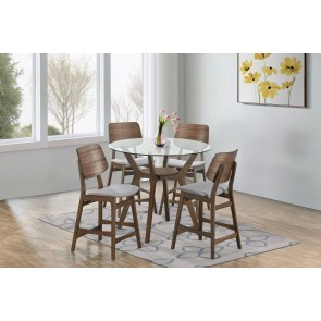 Oscar Walnut Round Glass Top Counter Height Dining Set w/ Gray Chairs