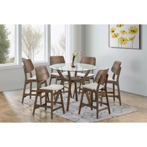 Oscar Walnut Round Glass Top Counter Height Dining Set w/ Natural Chairs